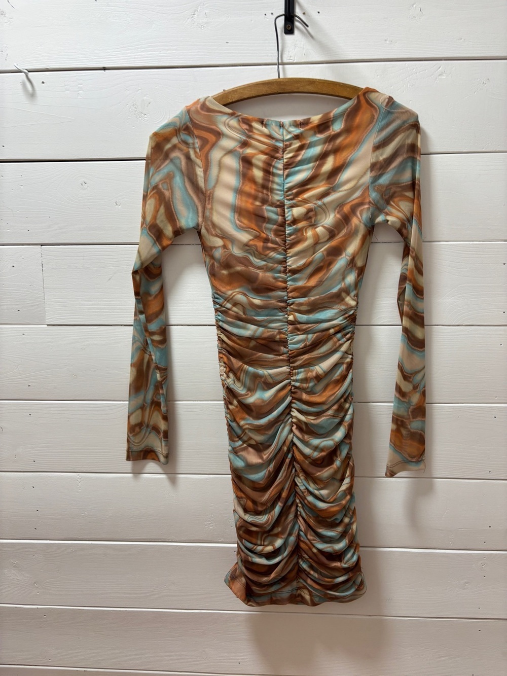 Dynamite Mesh Ruched Mini Dress – Abstract Marble Print – Brown & Blue – Size XS - Picture 6 of 11